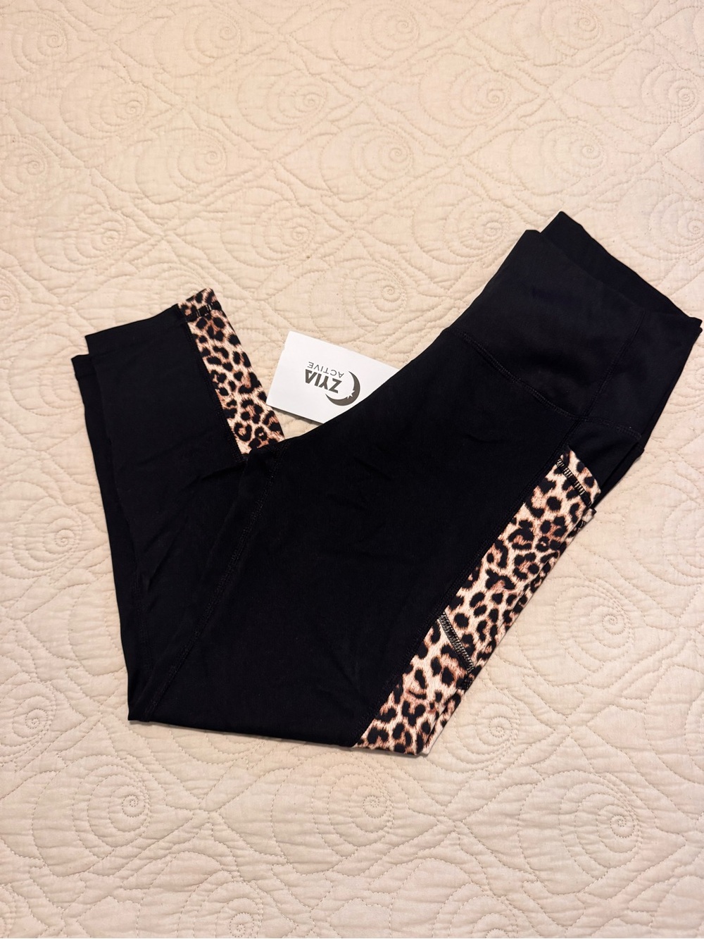 Ziva Active Women's Black Leggings with Leopard Side Panels